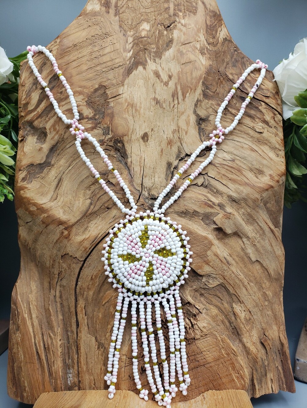 Native White & Pink Tassel Beaded Necklace- Dream Catcher Southwestern Primitive